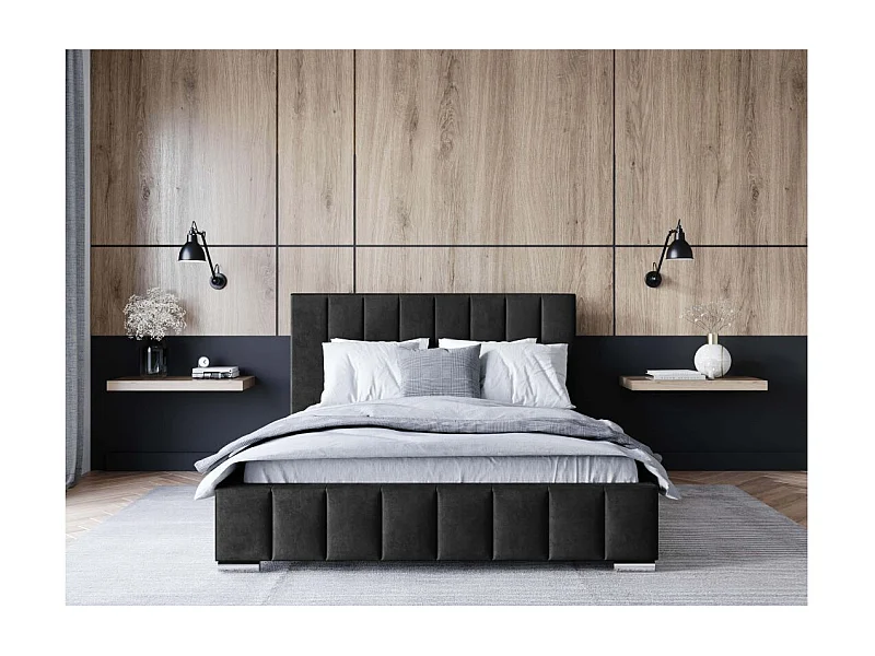 Cadre de lit avec coffre ELIA en velours - Gris anthracite - Dimensions du couchage : 160 x 200 cm