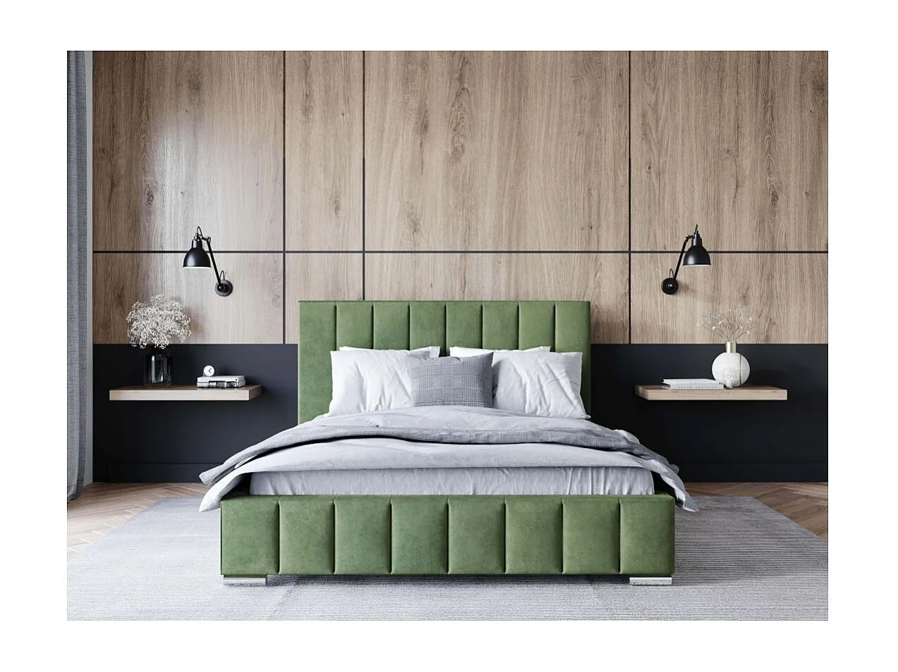 Cadre de lit avec coffre ELIA en velours - Vert - Dimensions du couchage : 140 x 200 cm