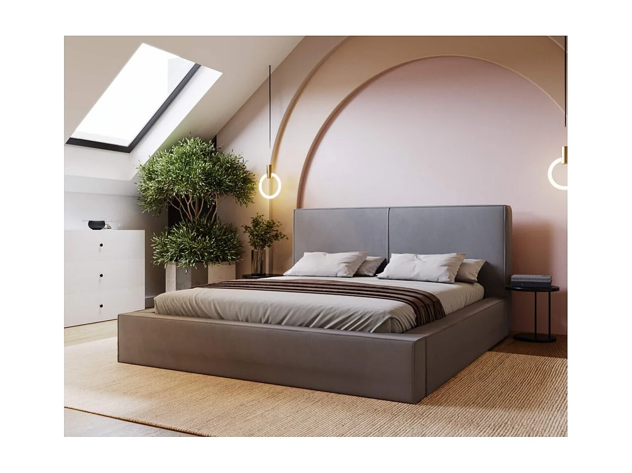 Cadre de lit avec coffre ELI en velours - Gris clair - Dimensions du couchage : 140 x 200 cm