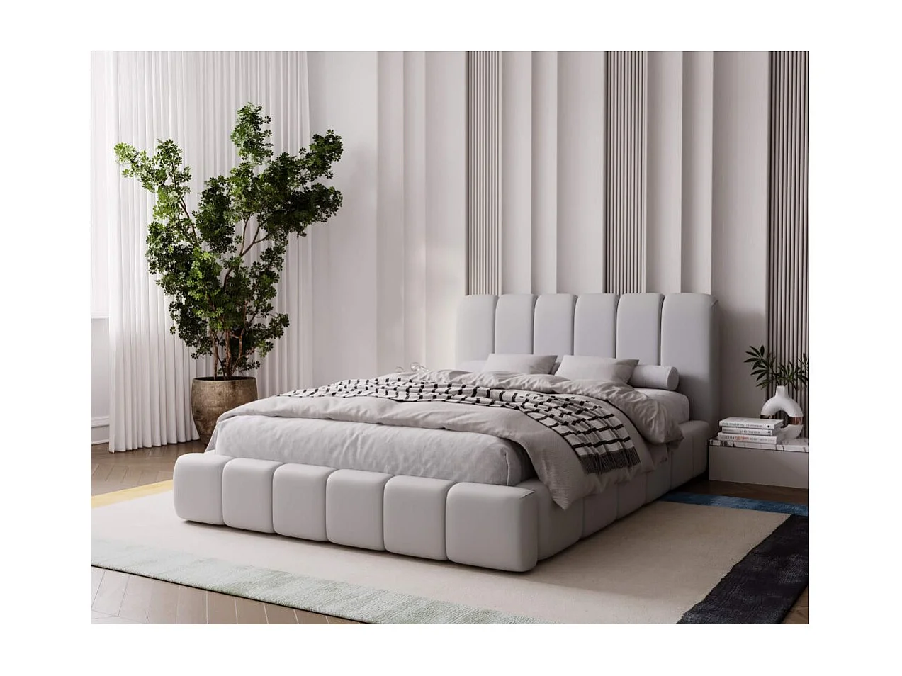 Cadre de lit avec coffre TED en velours - Gris clair - Dimensions du couchage : 160 x 200 cm