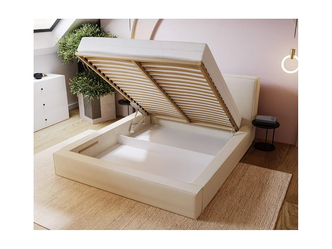 Cadre de lit avec coffre ELI en velours - Beige - Dimensions du couchage : 160 x 200 cm