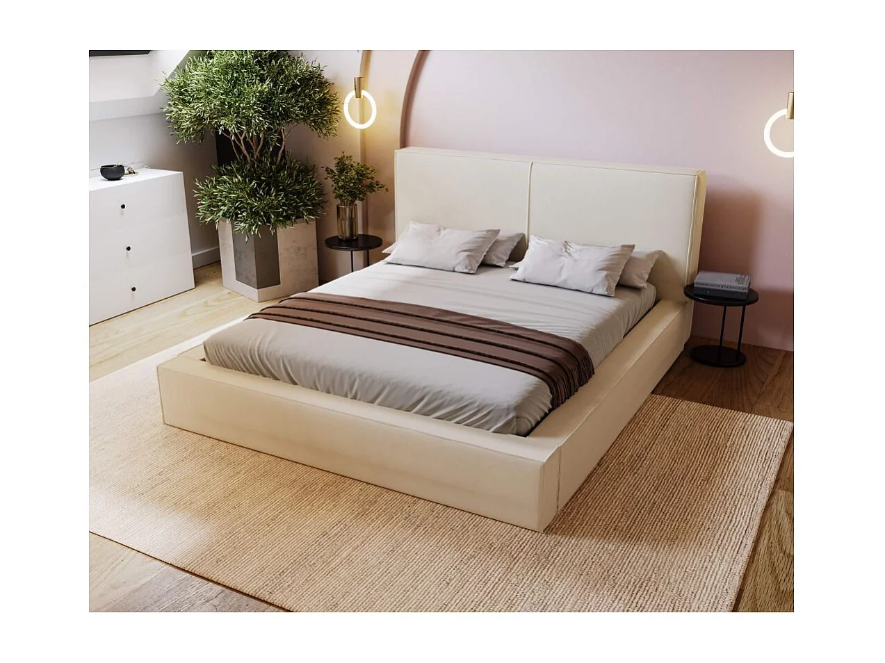 Cadre de lit avec coffre ELI en velours - Beige - Dimensions du couchage : 160 x 200 cm