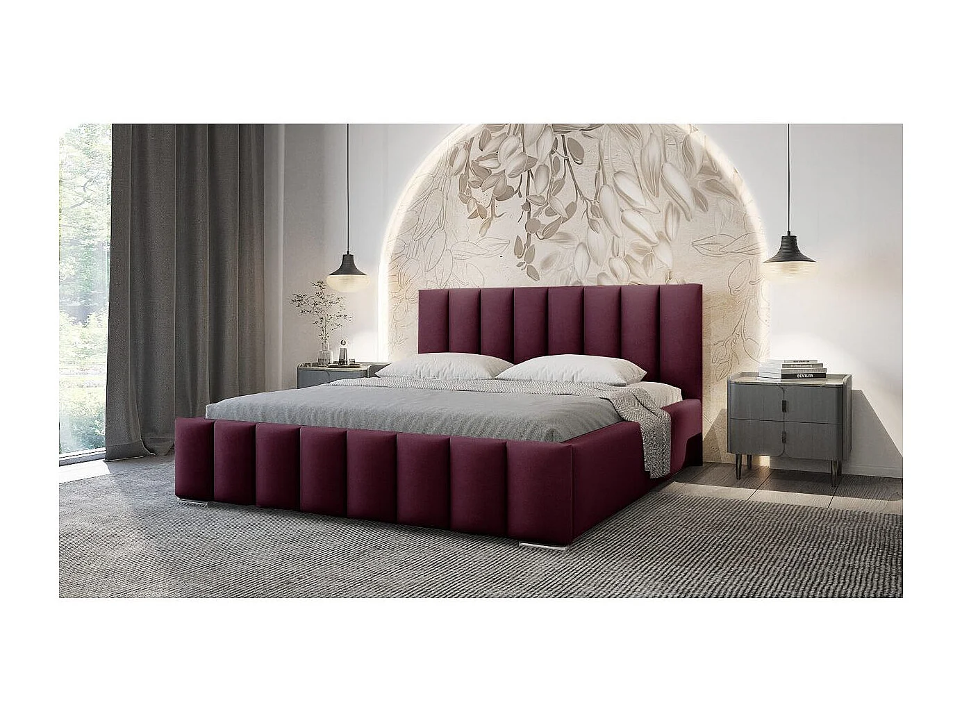 Cadre de lit avec coffre NEO en velours - Violet - Dimensions du couchage : 140 x 200 cm