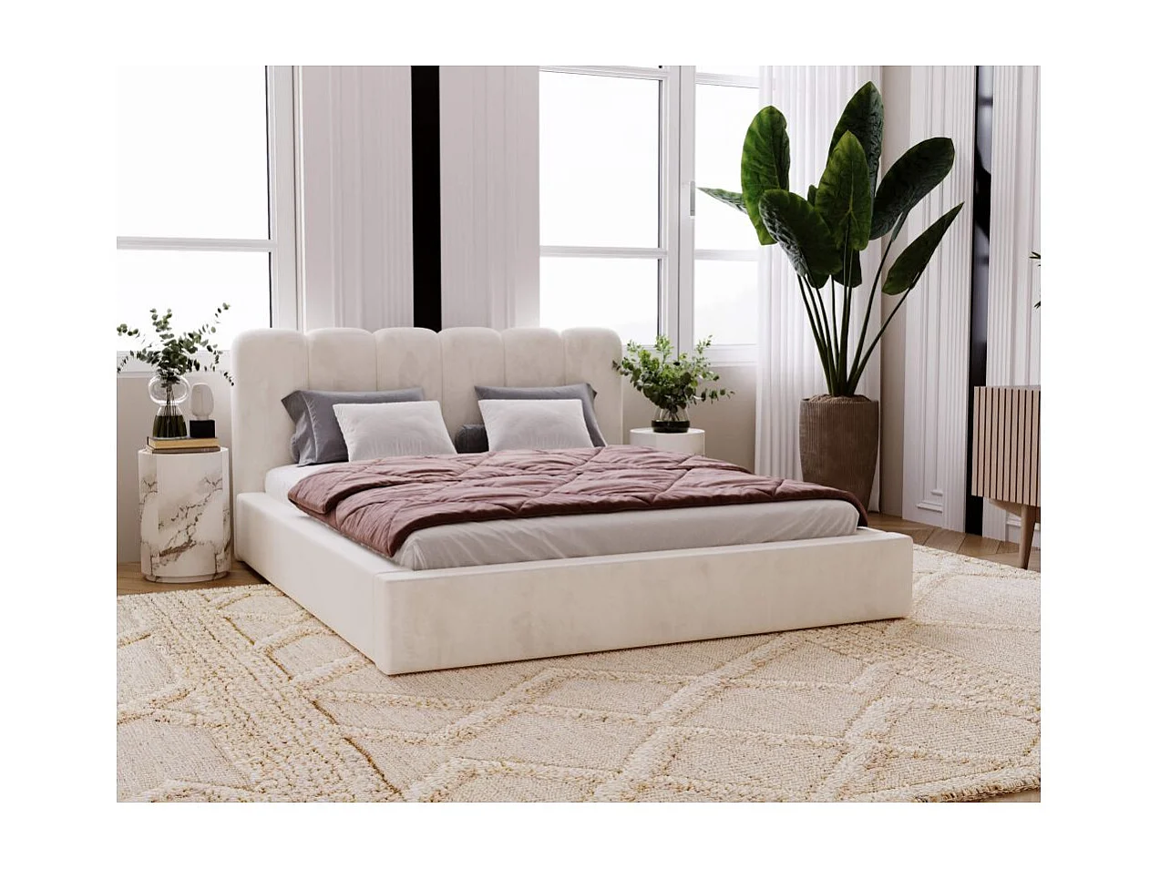 Cadre de lit avec coffre LIANA en velours - Beige - Dimensions du couchage : 140 x 200 cm