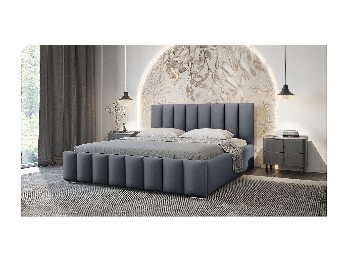 Cadre de lit avec coffre NEO en velours - Gris clair - Dimensions du couchage : 140 x 200 cm