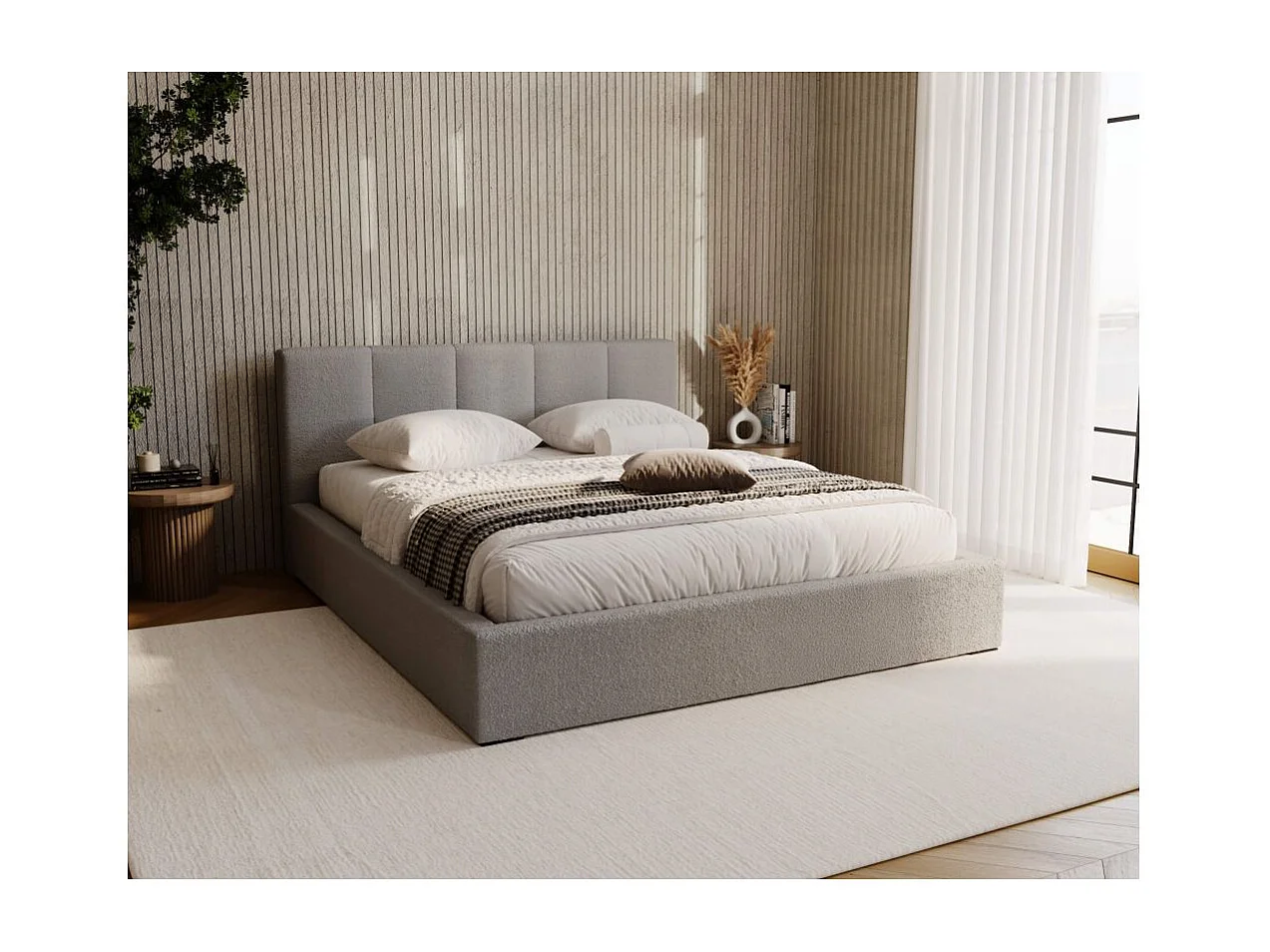 Cadre de lit avec coffre LEE en tissu bouclette - Gris clair - Dimensions du couchage : 160 x 200 cm