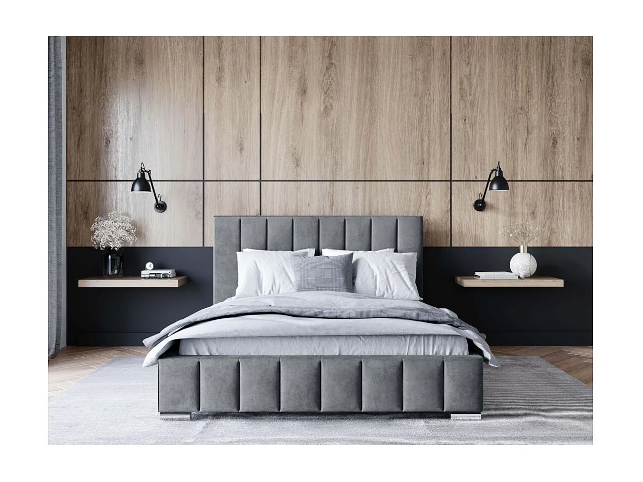 Cadre de lit avec coffre ELIA en velours - Gris clair - Dimensions du couchage : 140 x 200 cm