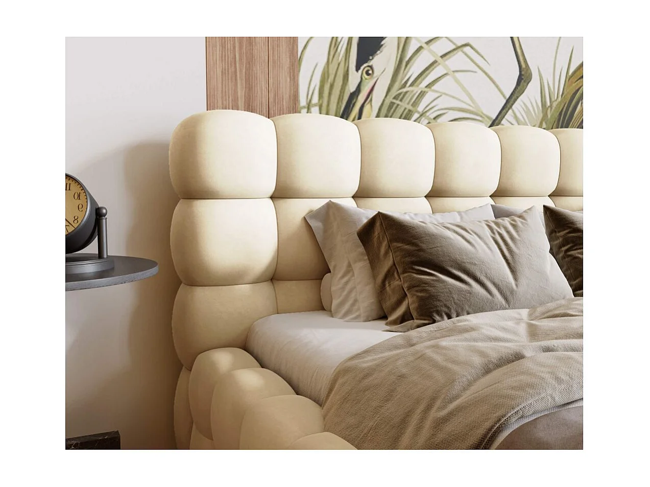 Cadre de lit avec coffre CARLY en velours - Beige - Dimensions du couchage : 160 x 200 cm