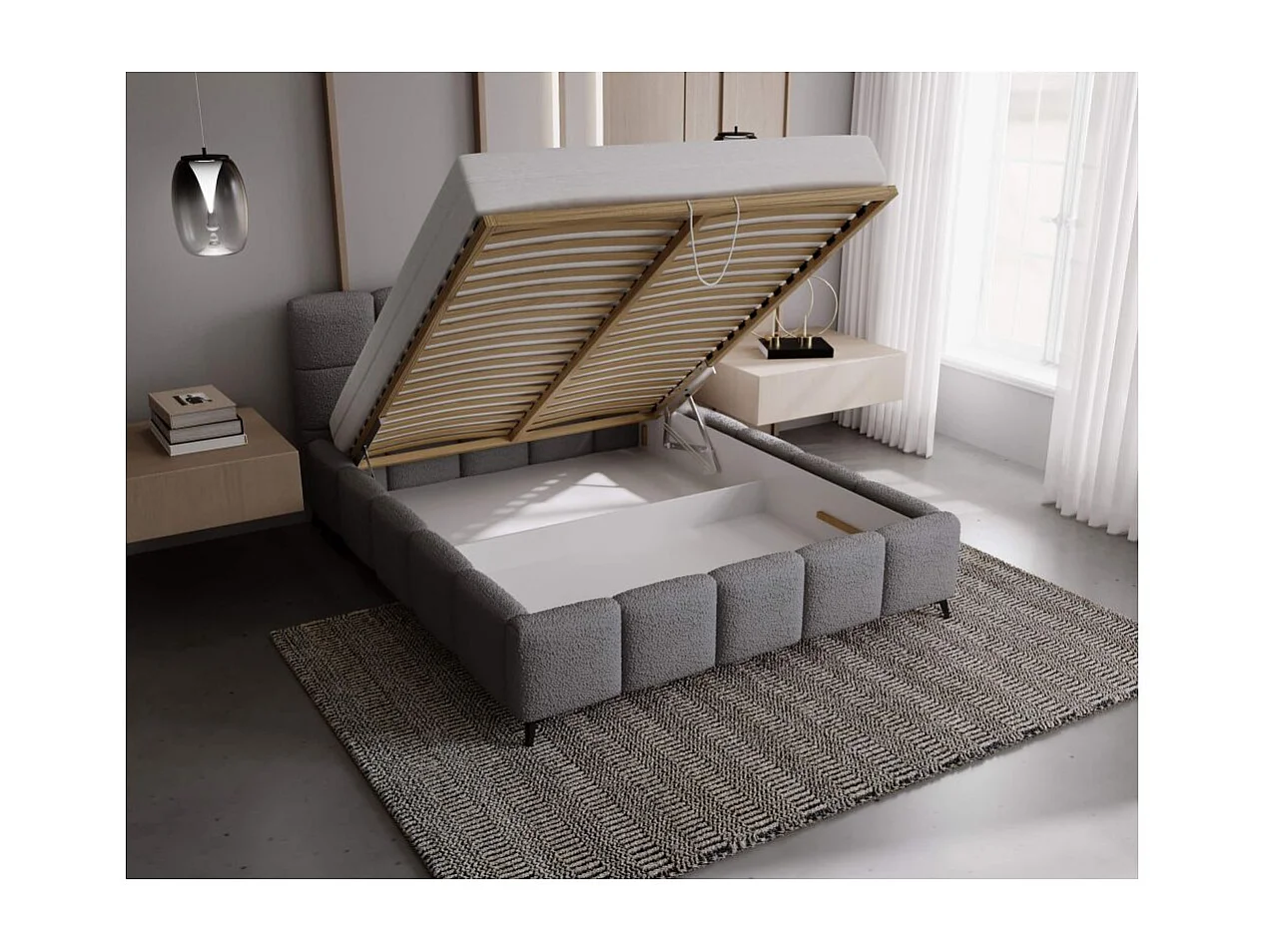 Cadre de lit avec coffre NIKO en tissu bouclette - Gris clair - Dimensions du couchage : 160 x 200 cm