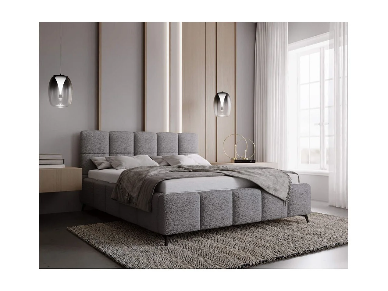 Cadre de lit avec coffre NIKO en tissu bouclette - Gris clair - Dimensions du couchage : 160 x 200 cm