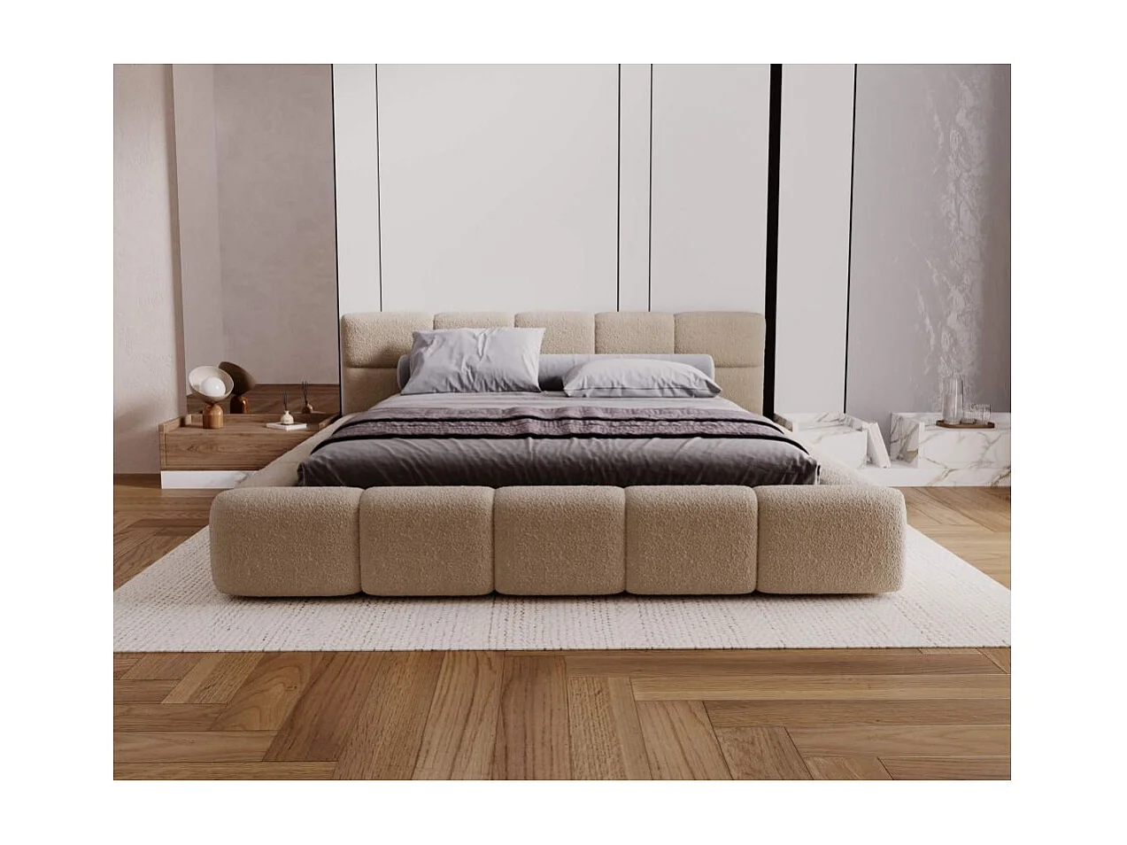 Cadre de lit avec coffre BELLO en tissu bouclette - Beige - Dimensions du couchage : 160 x 200 cm