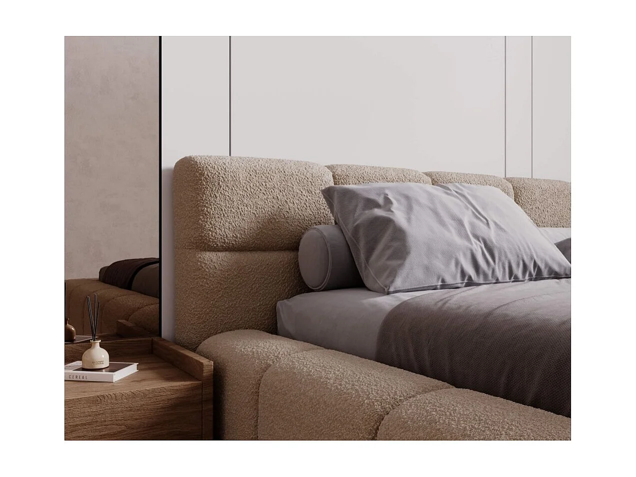 Cadre de lit avec coffre BELLO en tissu bouclette - Beige - Dimensions du couchage : 160 x 200 cm