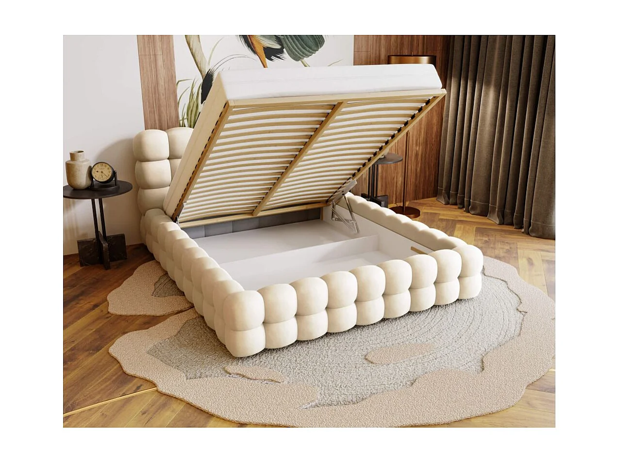 Cadre de lit avec coffre CARLY en velours - Beige - Dimensions du couchage : 140 x 200 cm