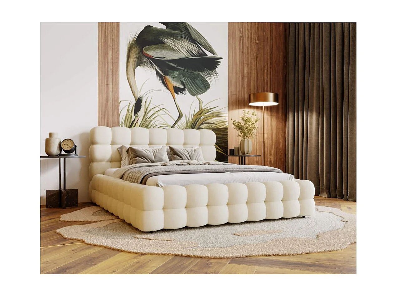Cadre de lit avec coffre CARLY en velours - Beige - Dimensions du couchage : 140 x 200 cm