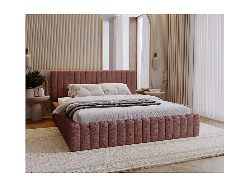 Cadre de lit avec coffre MIRNA en tissu bouclette - Rose - Dimensions du couchage : 160 x 200 cm