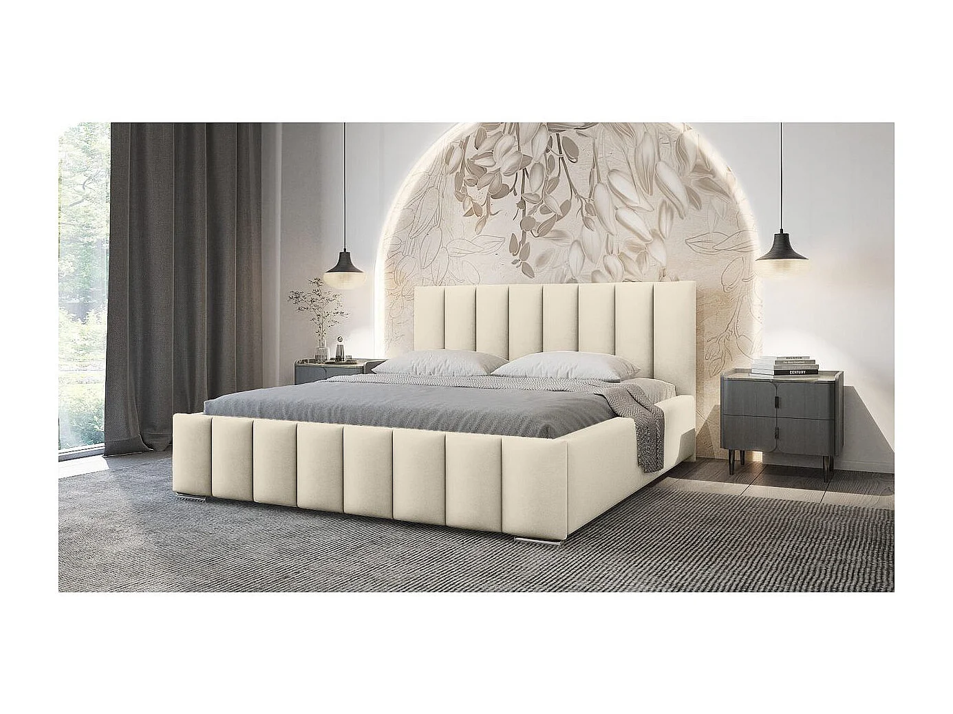 Cadre de lit avec coffre NEO en velours - Beige - Dimensions du couchage : 140 x 200 cm