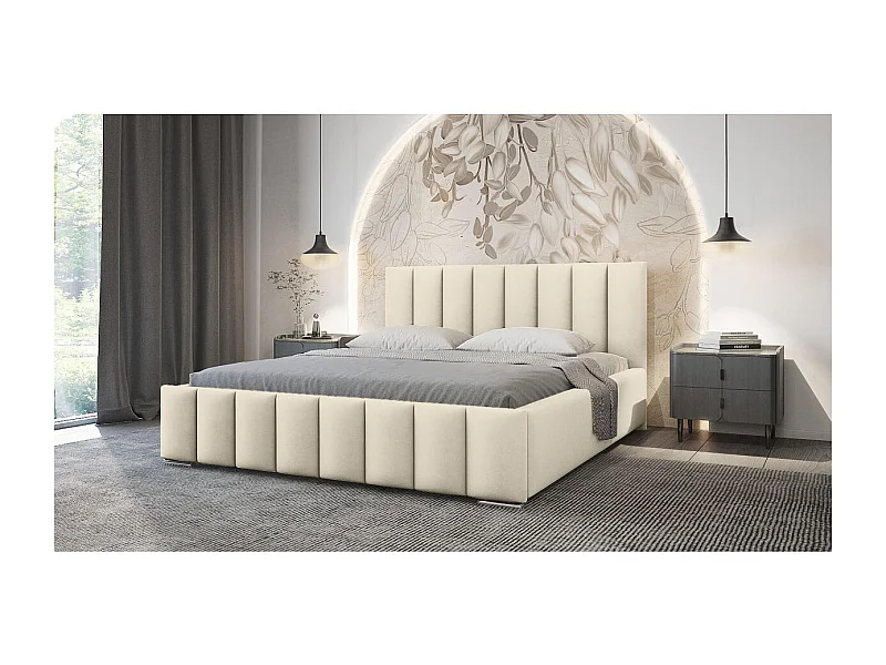 Cadre de lit avec coffre NEO en velours - Beige - Dimensions du couchage : 140 x 200 cm