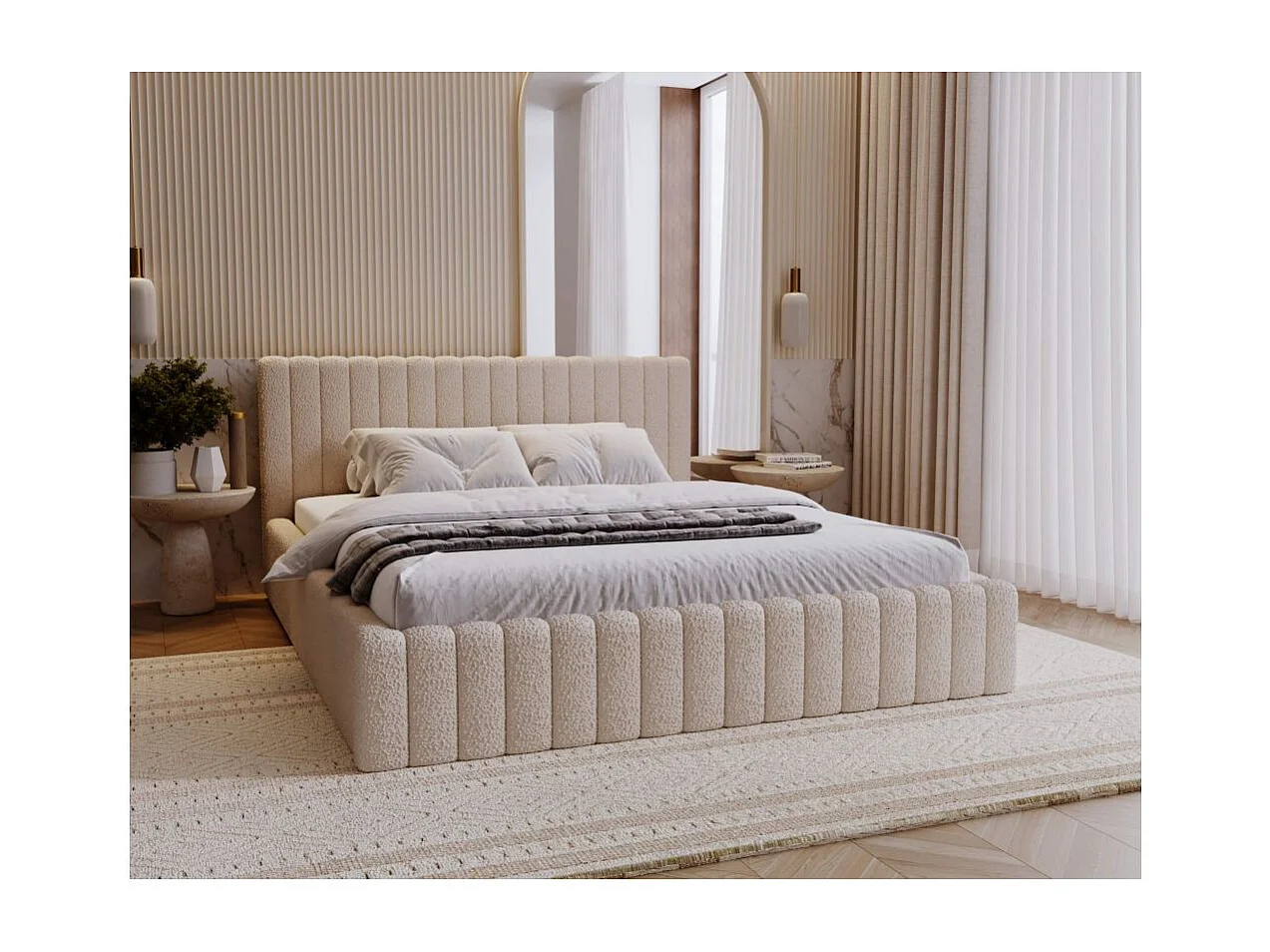 Cadre de lit avec coffre MIRNA en tissu bouclette - Beige - Dimensions du couchage : 160 x 200 cm