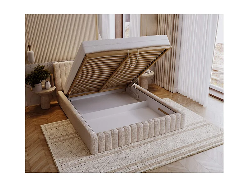 Cadre de lit avec coffre MIRNA en tissu bouclette - Beige - Dimensions du couchage : 160 x 200 cm