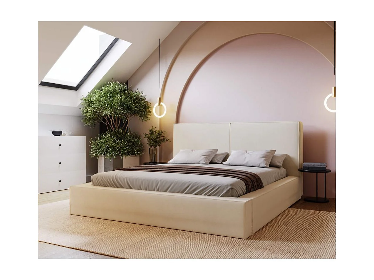 Cadre de lit avec coffre ELI en velours - Beige - Dimensions du couchage : 140 x 200 cm