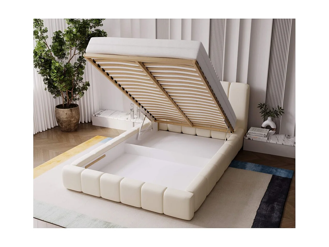 Cadre de lit avec coffre TED en velours - Beige - Dimensions du couchage : 140 x 200 cm