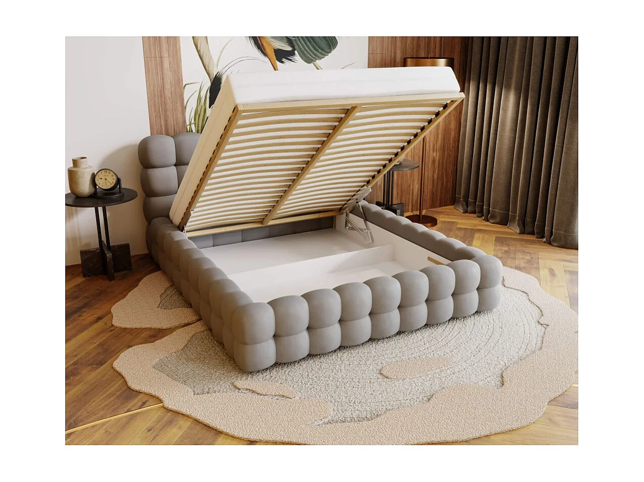 Cadre de lit avec coffre CARLY en velours - Gris clair - Dimensions du couchage : 160 x 200 cm