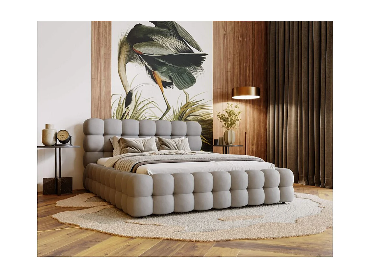 Cadre de lit avec coffre CARLY en velours - Gris clair - Dimensions du couchage : 160 x 200 cm