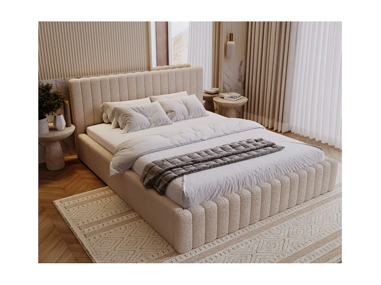 Cadre de lit avec coffre MIRNA en tissu bouclette - Beige - Dimensions du couchage : 140 x 200 cm