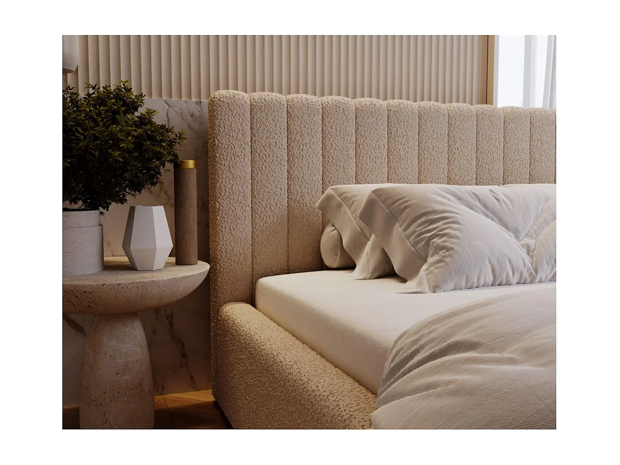 Cadre de lit avec coffre MIRNA en tissu bouclette - Beige - Dimensions du couchage : 140 x 200 cm