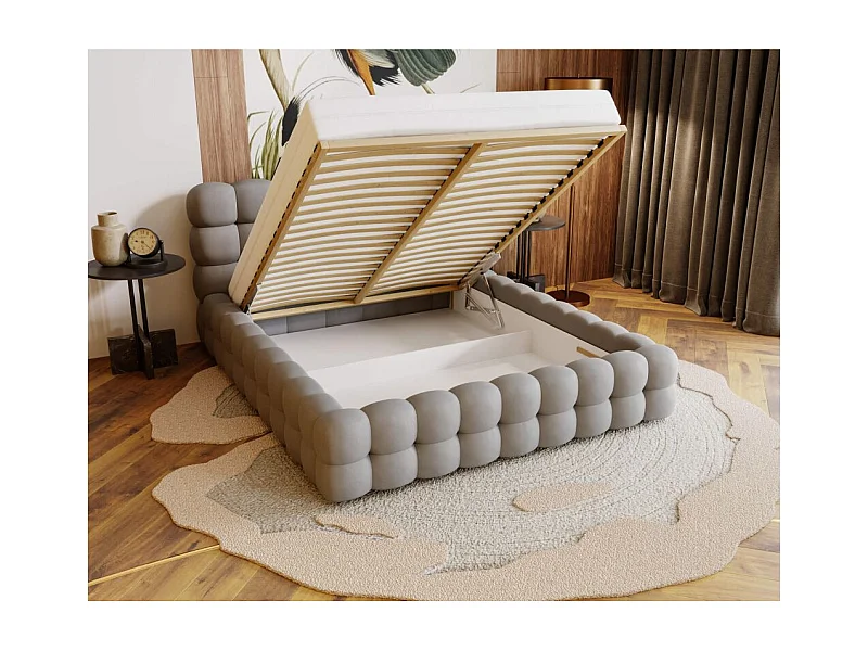 Cadre de lit avec coffre CARLY en velours - Gris clair - Dimensions du couchage : 140 x 200 cm