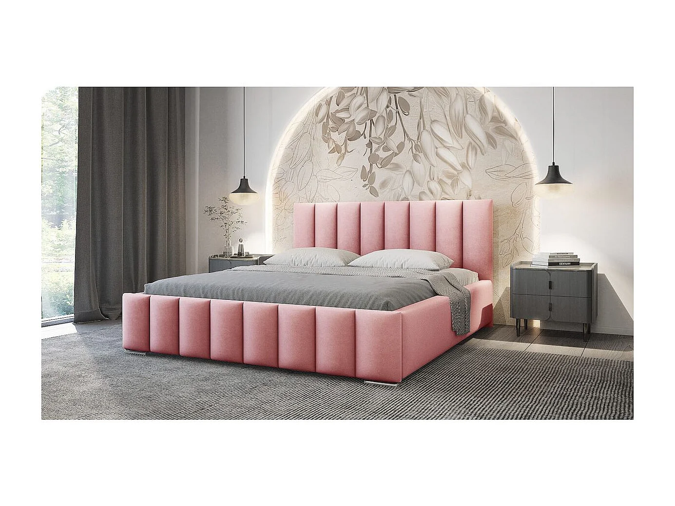 Cadre de lit avec coffre NEO en velours - Rose - Dimensions du couchage : 160 x 200 cm