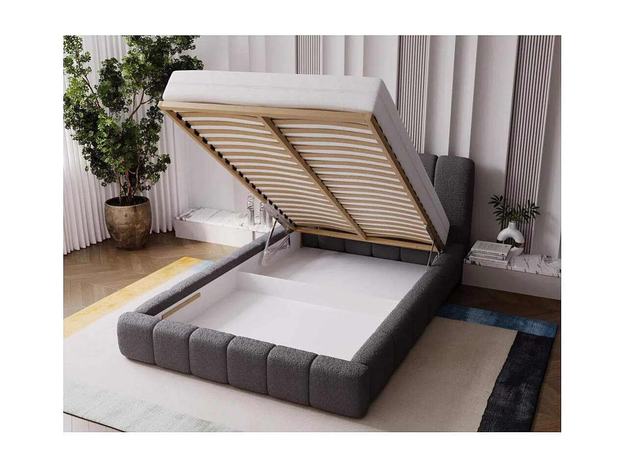 Cadre de lit avec coffre TED en tissu bouclette - Gris clair - Dimensions du couchage : 160 x 200 cm