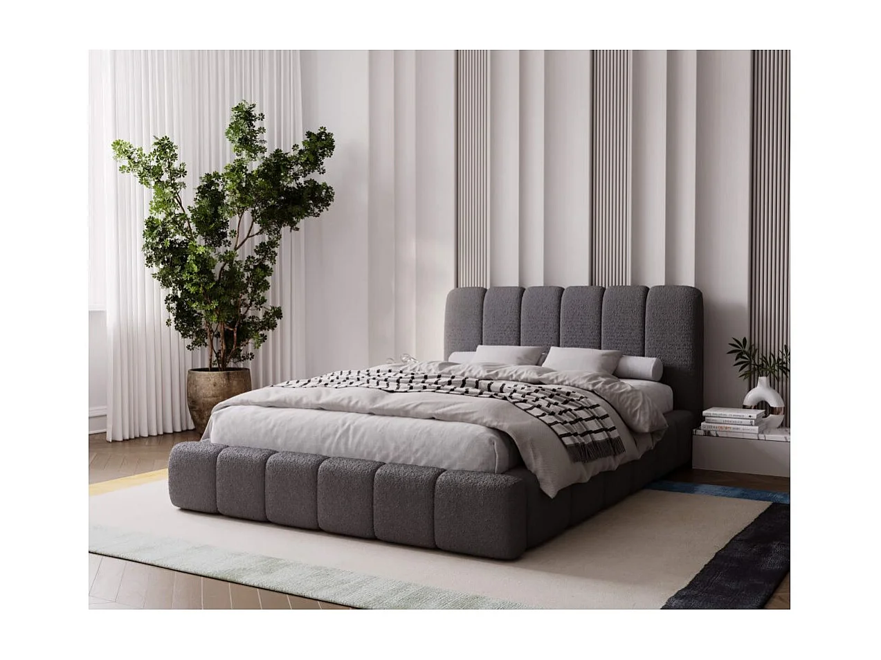 Cadre de lit avec coffre TED en tissu bouclette - Gris clair - Dimensions du couchage : 160 x 200 cm