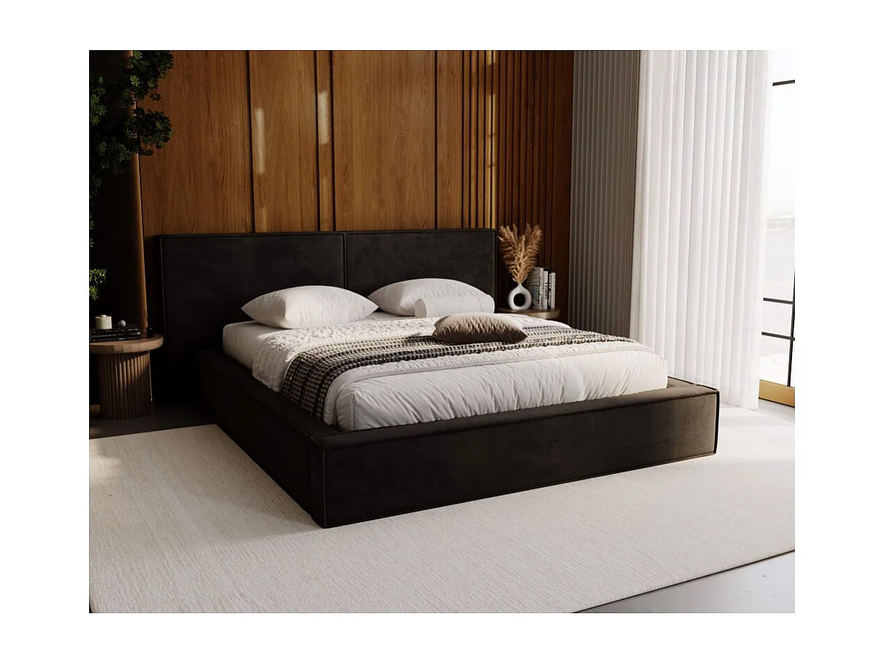 Cadre de lit avec coffre ZELIO en velours - Gris anthracite - Dimensions du couchage : 140 x 200 cm