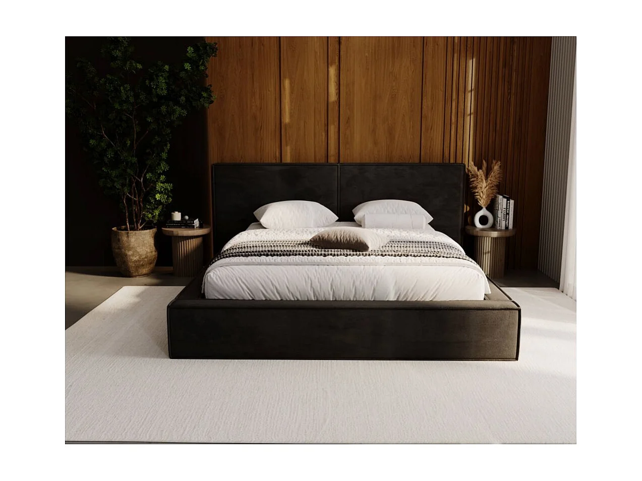 Cadre de lit avec coffre ZELIO en velours - Gris anthracite - Dimensions du couchage : 140 x 200 cm