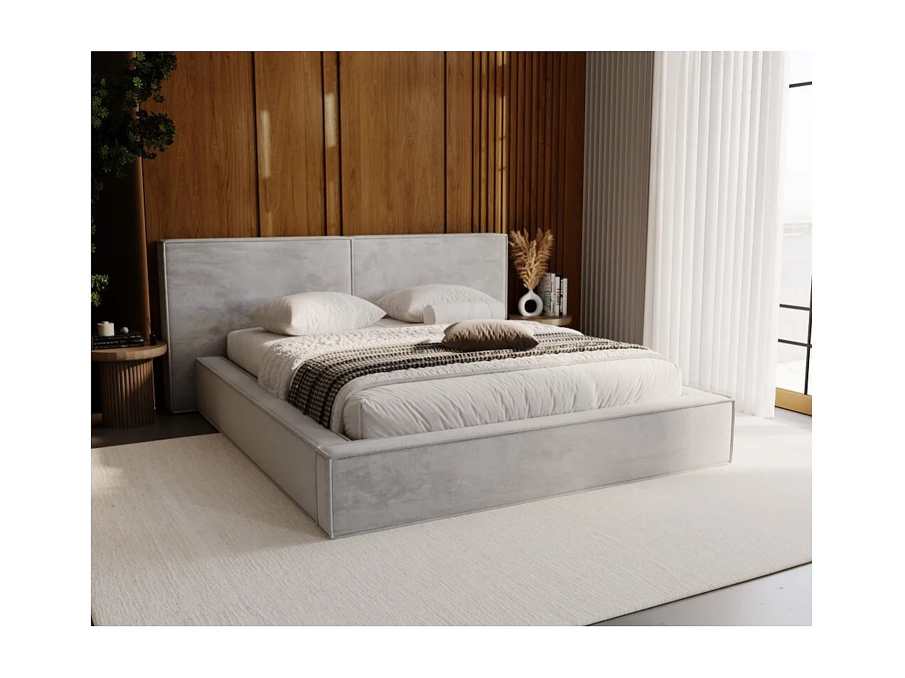 Cadre de lit avec coffre ZELIO en velours - Gris clair - Dimensions du couchage : 160 x 200 cm