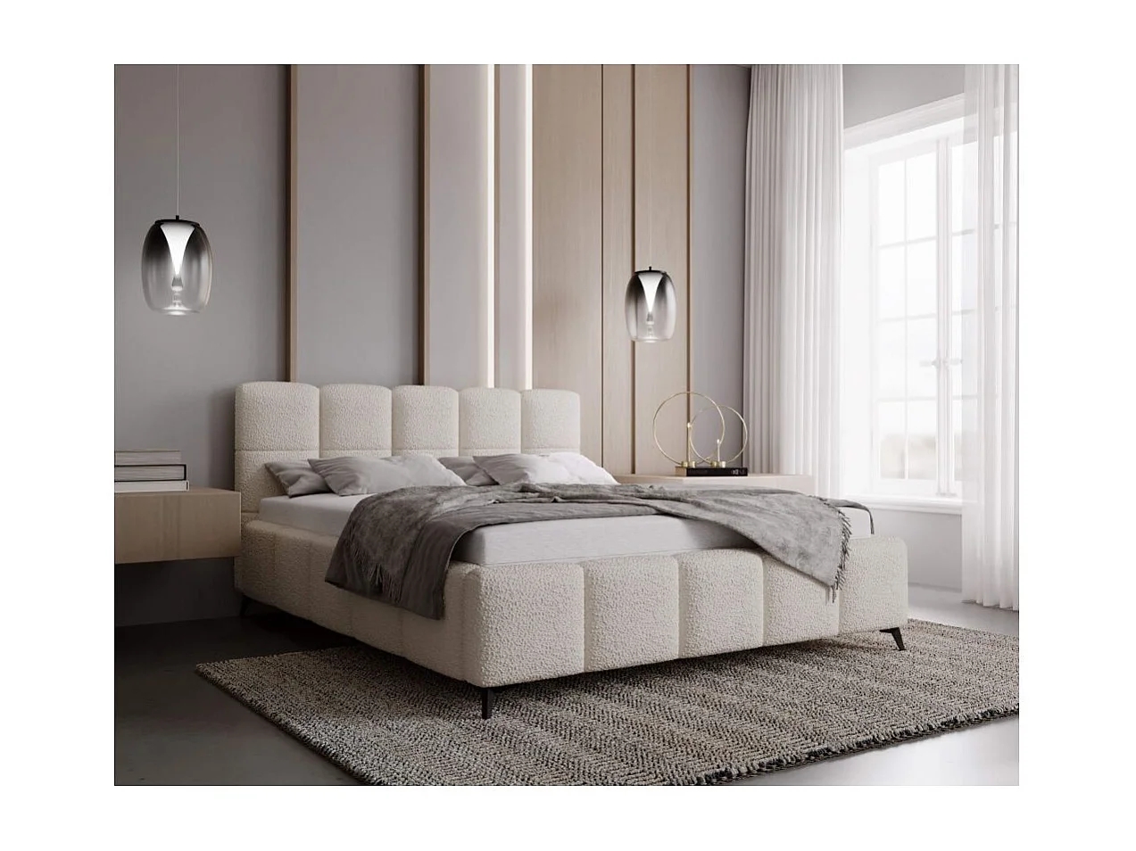 Cadre de lit avec coffre NIKO en tissu bouclette - Blanc - Dimensions du couchage : 160 x 200 cm