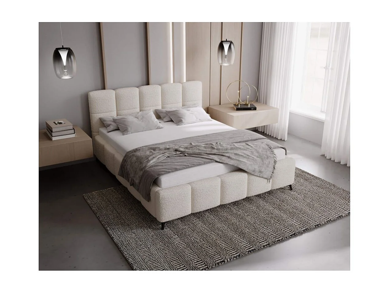 Cadre de lit avec coffre NIKO en tissu bouclette - Blanc - Dimensions du couchage : 160 x 200 cm