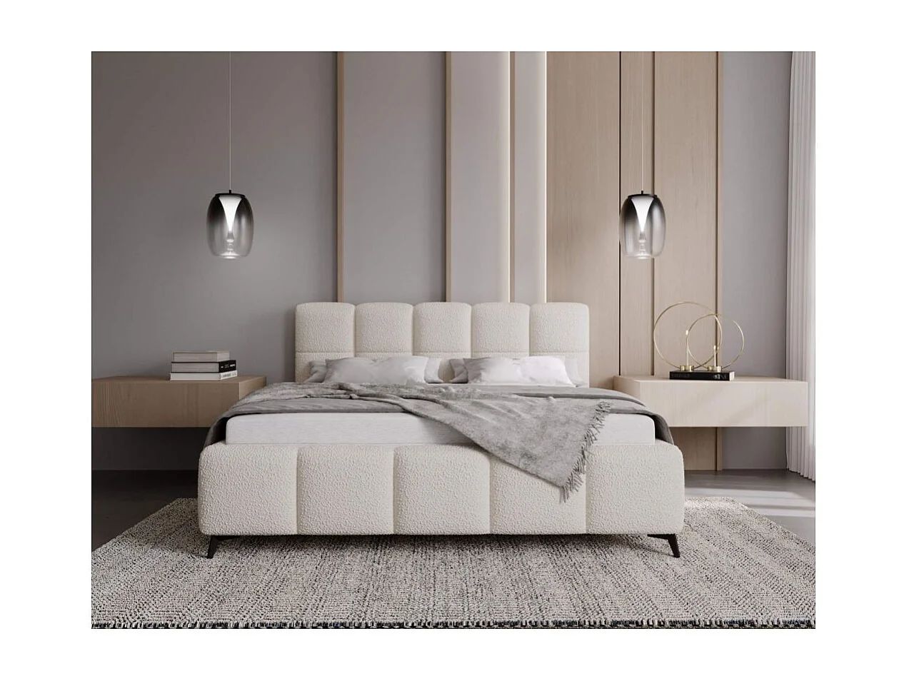 Cadre de lit avec coffre NIKO en tissu bouclette - Blanc - Dimensions du couchage : 160 x 200 cm