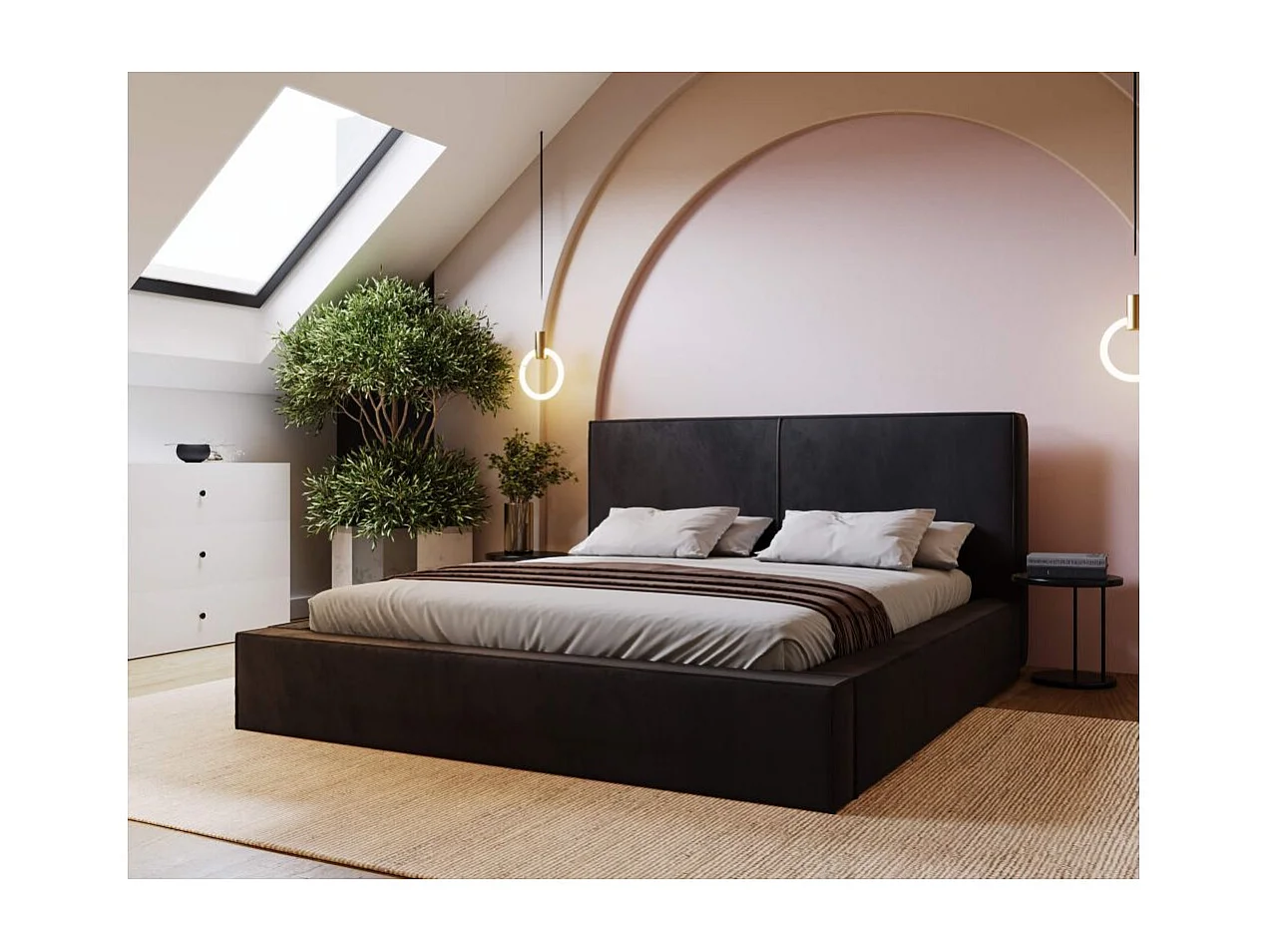 Cadre de lit avec coffre ELI en velours - Gris anthracite - Dimensions du couchage : 140 x 200 cm