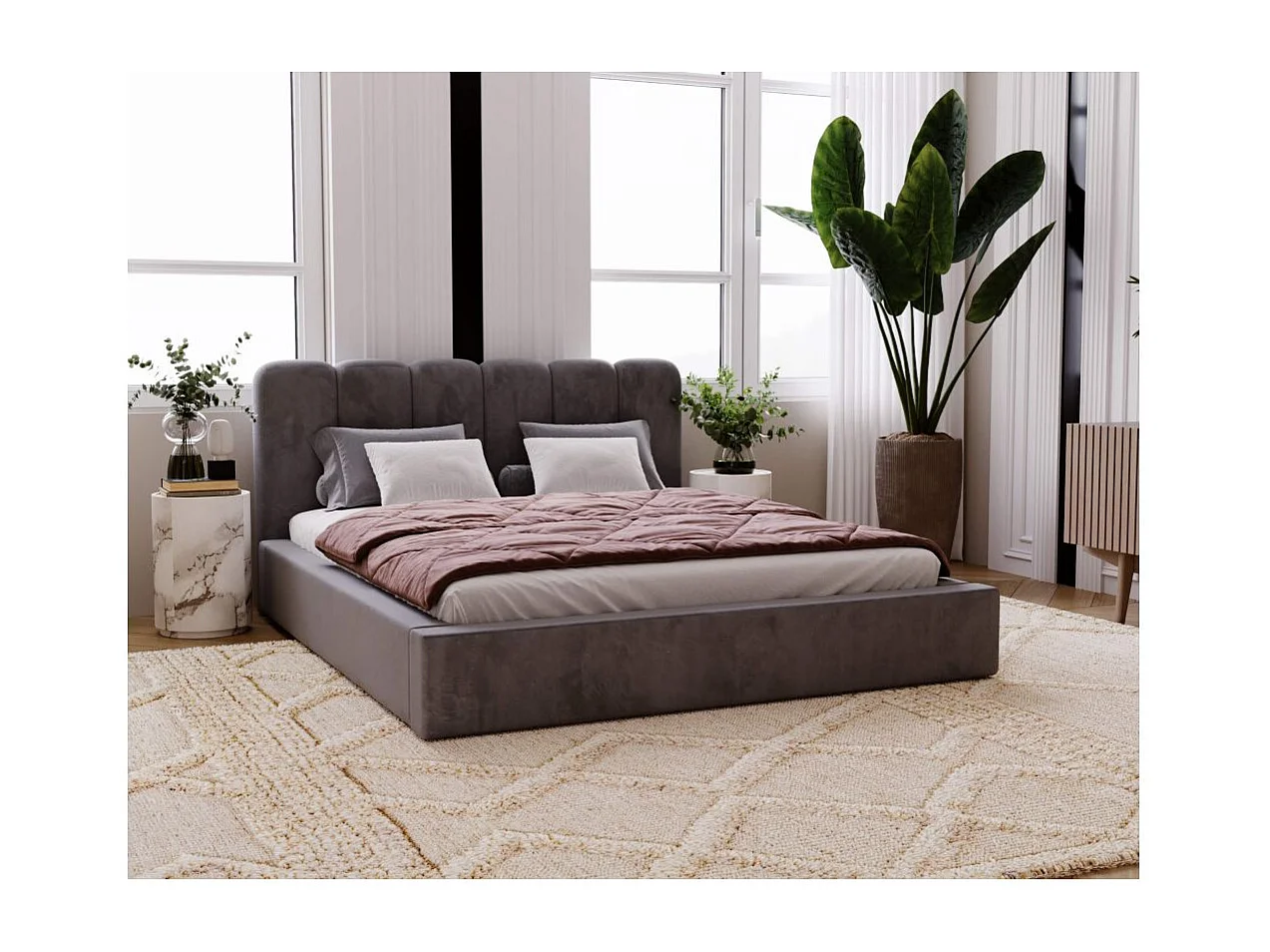 Cadre de lit avec coffre LIANA en velours - Gris anthracite - Dimensions du couchage : 140 x 200 cm