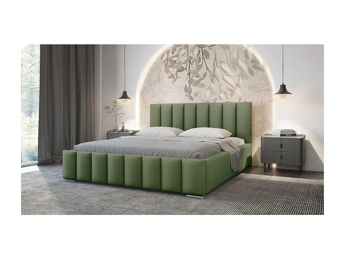 Cadre de lit avec coffre NEO en velours - Vert - Dimensions du couchage : 140 x 200 cm