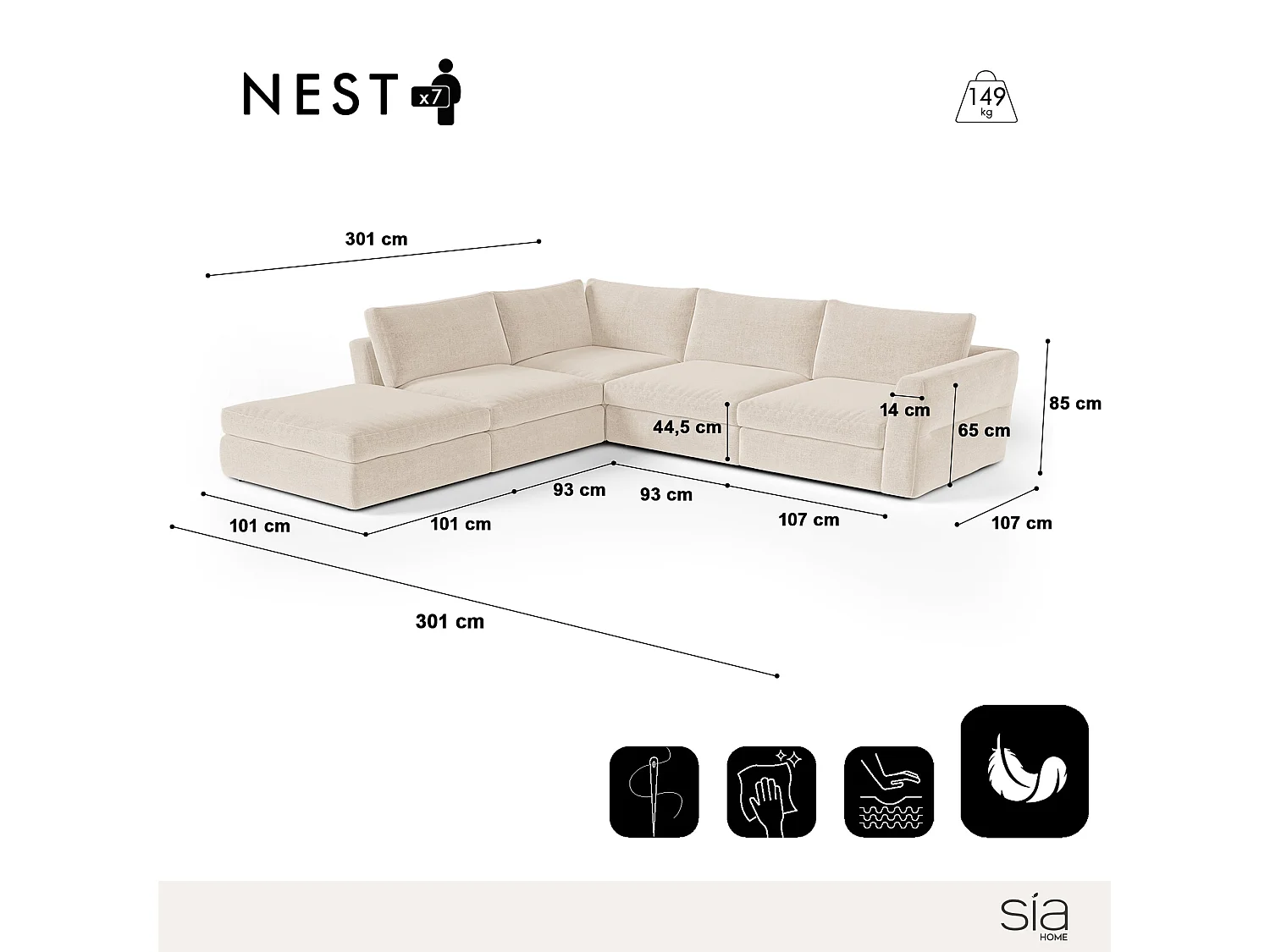 Canapé grand angle gauche modulable 7 places tissu tramé doux beige NEST