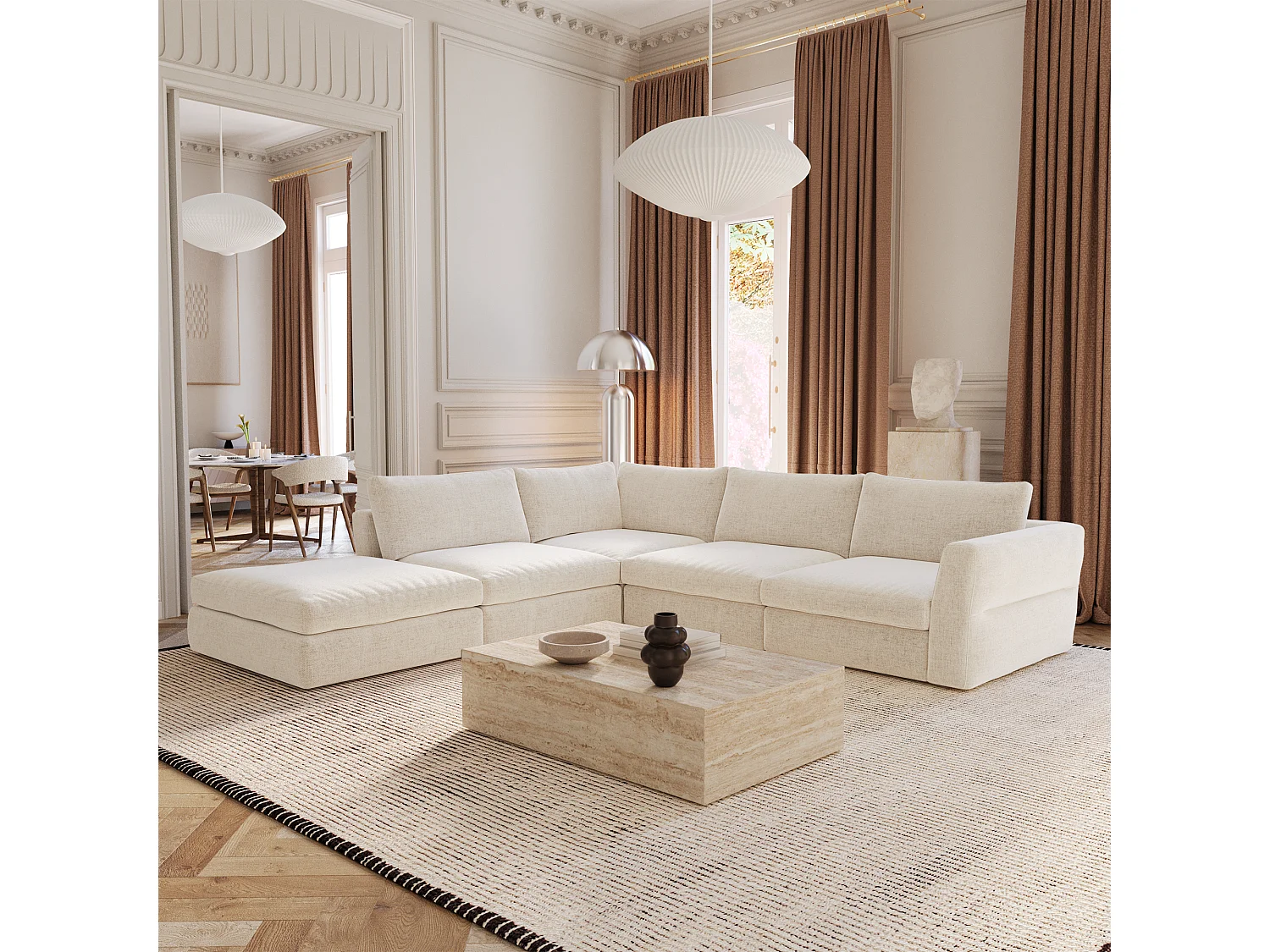 Canapé grand angle gauche modulable 7 places tissu tramé doux beige NEST