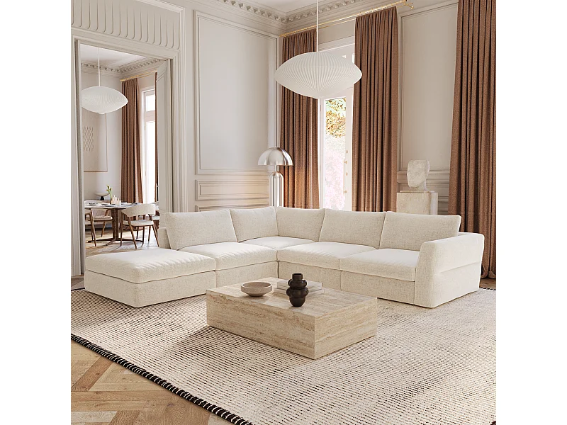 Canapé grand angle gauche modulable 7 places tissu tramé doux beige NEST