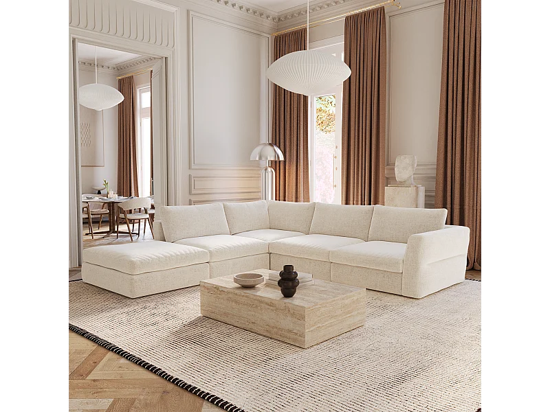 Canapé grand angle gauche modulable 7 places tissu tramé doux beige NEST