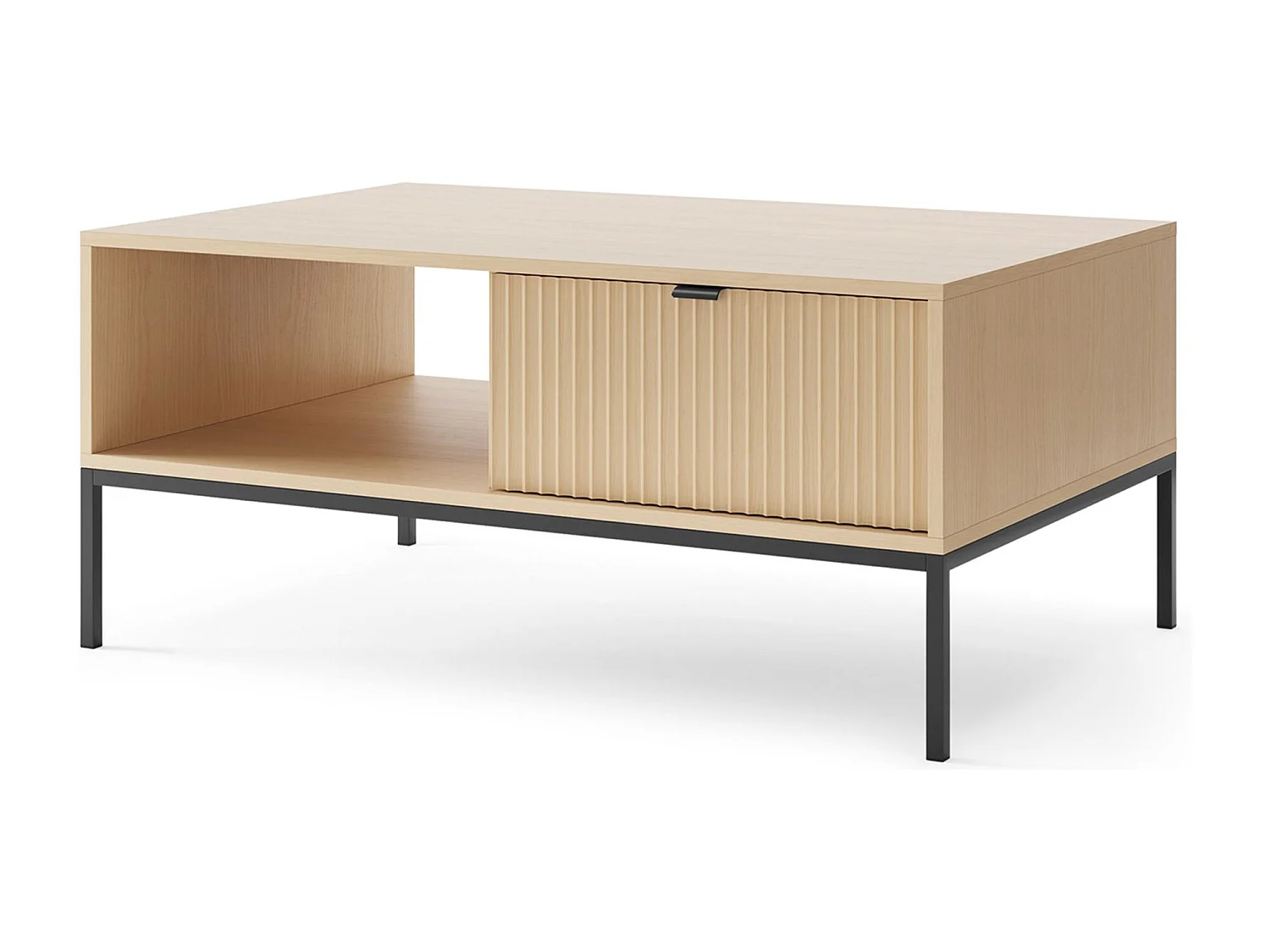 Couchtisch 104 x 68 cm – mit Schublade und schwarzem Gestell – Holzoptik Eiche – VELLORE