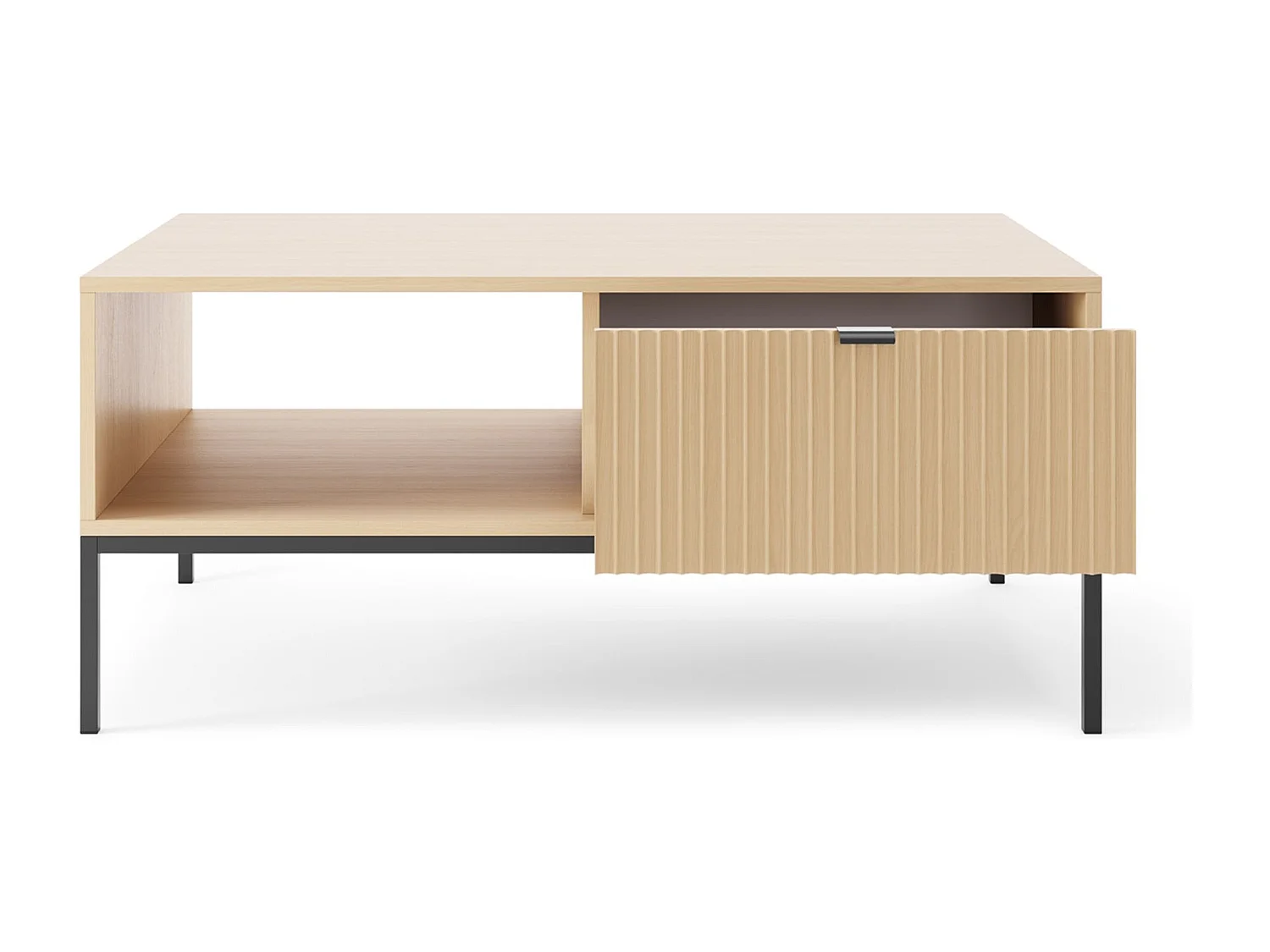 Couchtisch 104 x 68 cm – mit Schublade und schwarzem Gestell – Holzoptik Eiche – VELLORE