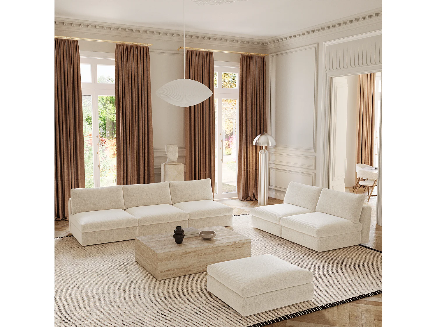 Canapé modulable 3 places tissu tramé toucher doux beige NEST