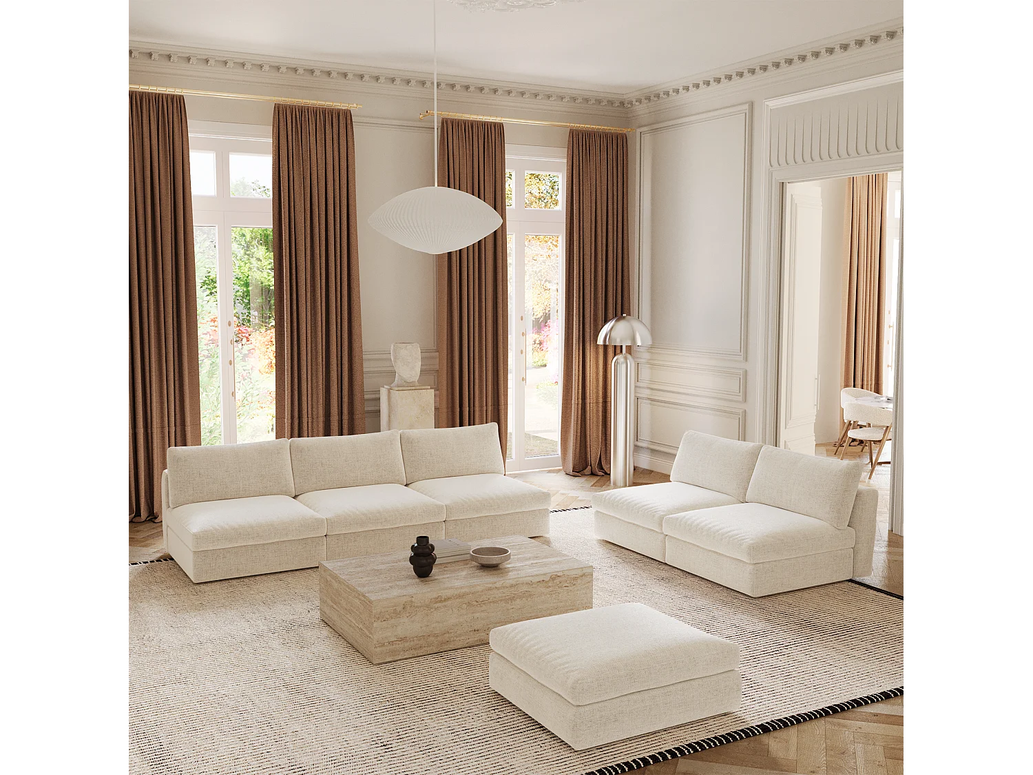 Canapé modulable 3 places tissu tramé toucher doux beige NEST